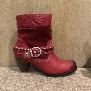 Red Heeled Boots with Silver Studs and Chunky Heel